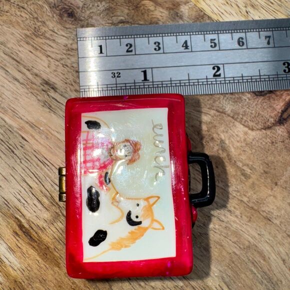 Porcelain Hinged Trinket Lunch Box Cowboy & Horse With Cookie Miniature Red Cute - Picture 9 of 9
